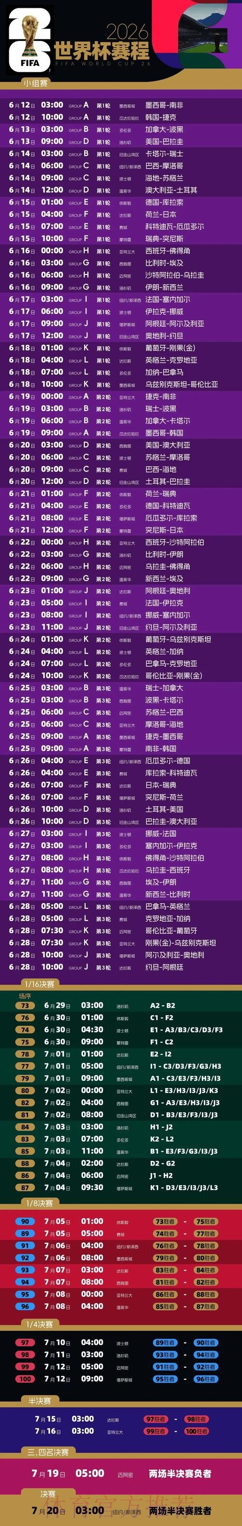 2026世界杯每日赛程一览高清直播免费观看